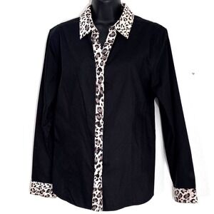 Chicos Black Leopard Animal Print Trim Button Down Shirt Size 2 Office Business